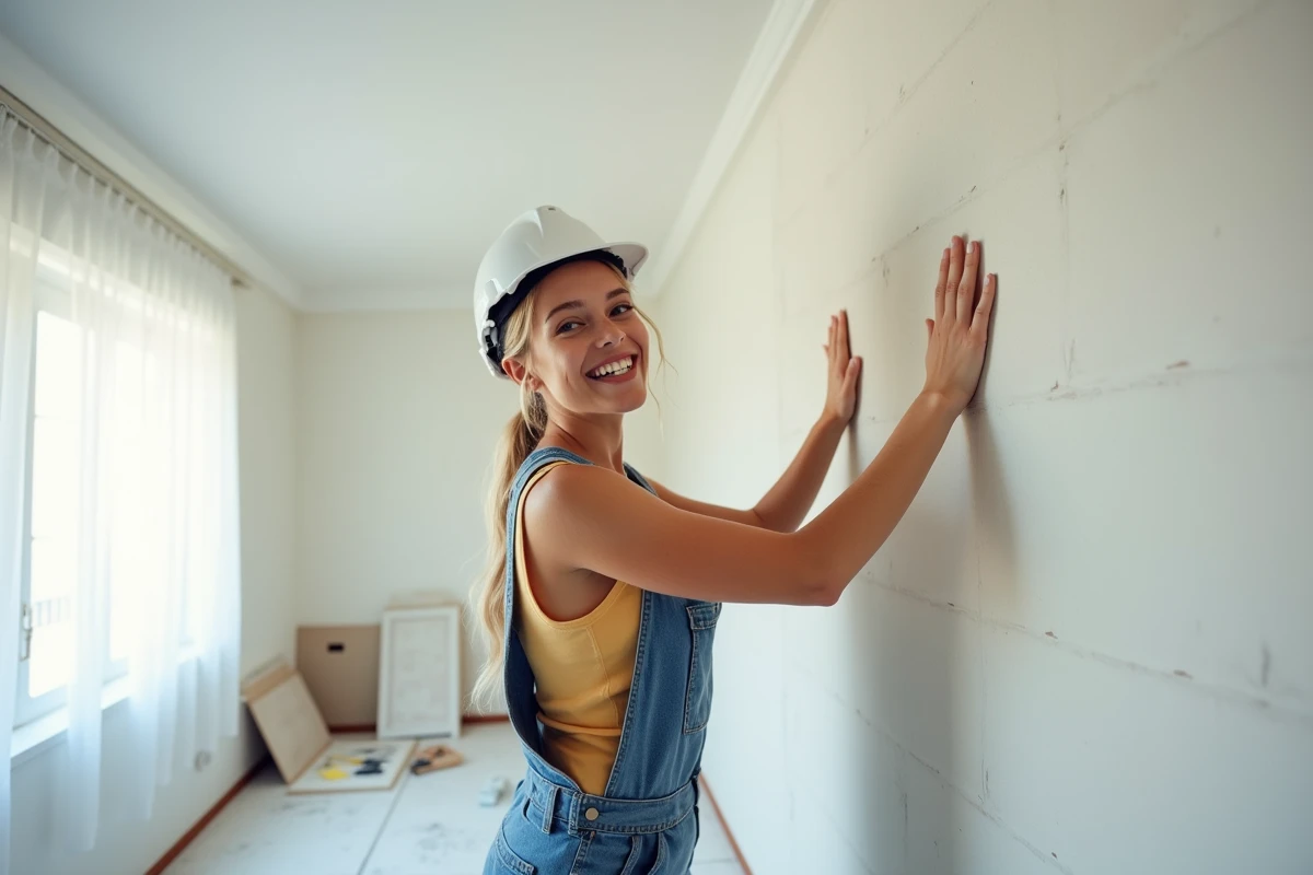 Femme professionnelle vérifiant le joint de platre dans une pièce lumineuse