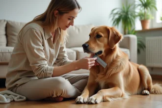 Femme inspectant le pelage de son golden retriever avec un peigne anti-puces pour détecter les pupes de mouches