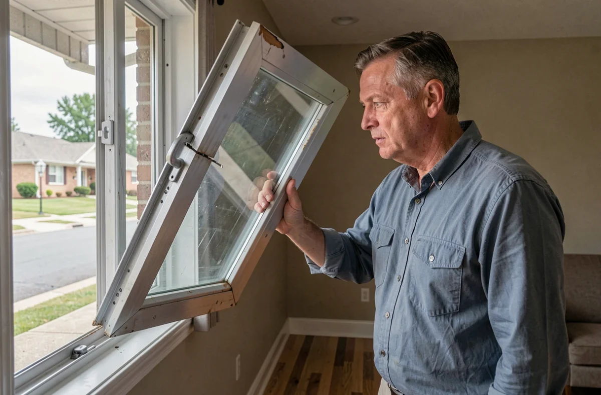 Homme inspectant un volet battant aluminium cassé depuis l'intérieur d'un logement résidentiel