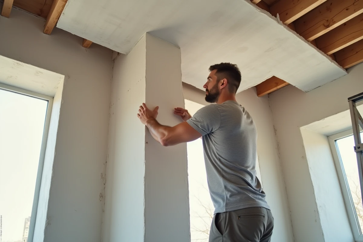 Hommes bricolage pose de platre au plafond dans une maison