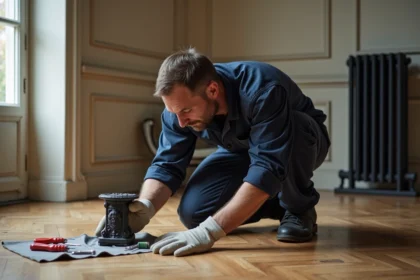 Plombier installant un pied de radiateur en fonte sur un parquet ancien dans un appartement haussmannien