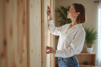 Femme installant des panneaux en bois dans un salon moderne