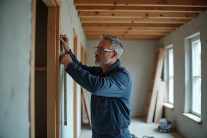 Menuisier mesurant l'encadrement d'une porte Delpherm lors d'une installation dans un couloir en rénovation