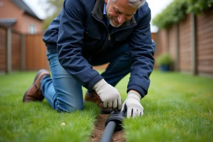 Homme en veste de travail installe un conduit électrique robuste