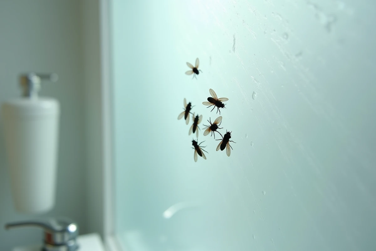 Groupe de mouches agglomérées sur un miroir de salle de bain, symbolisant une invasion de mouches dans une pièce humide