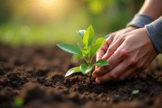 Mains de jardinier plantant un jasmin jeune dans la terre