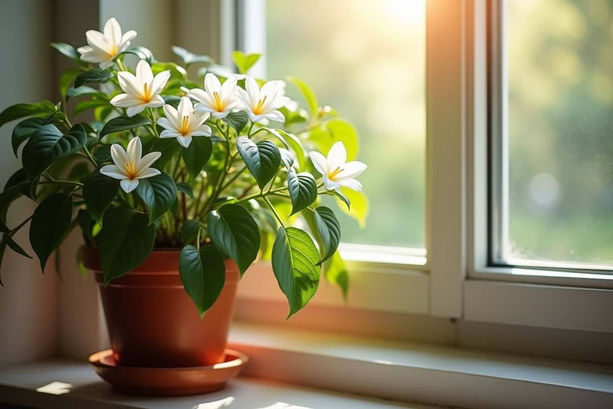 Jasmin en pot fleuri sur une fenêtre lumineuse