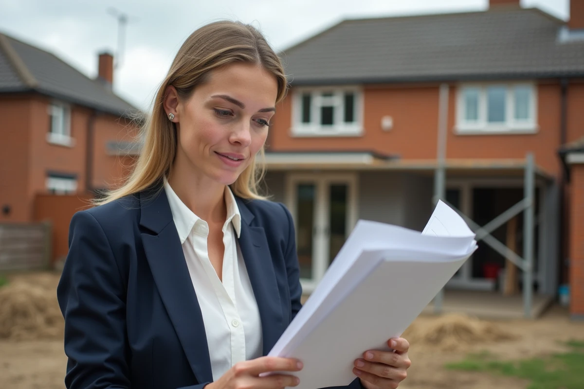 Jeune architecte vérifiant documents devant maison en construction