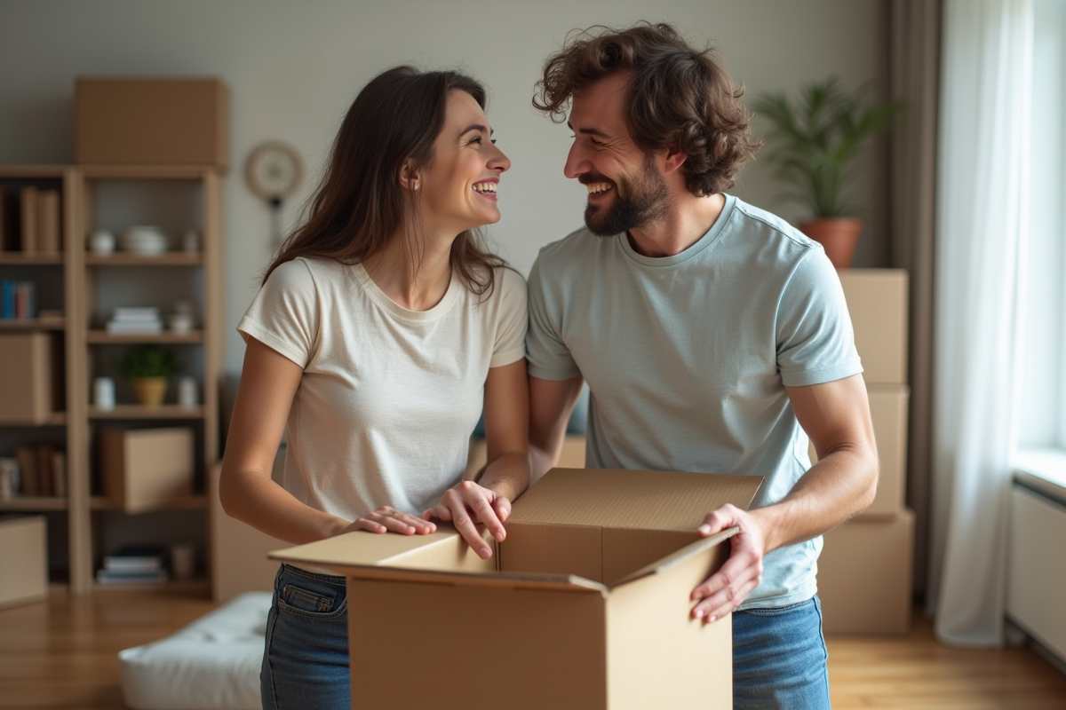 Jeune couple souriant en train de sécuriser une boîte de déménagement dans un salon moderne