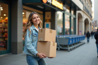Jeune femme avec cartons devant supermarche en ville