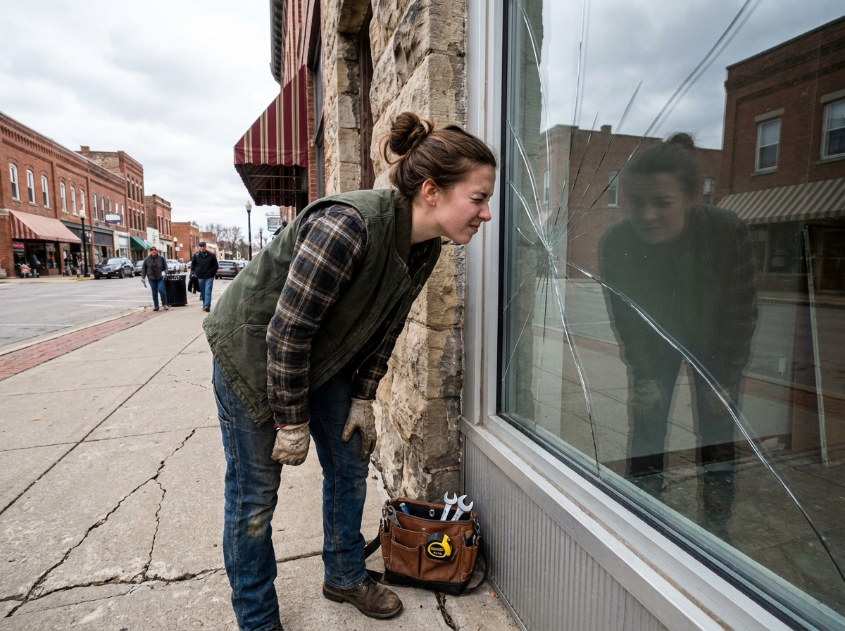 Jeune femme glazier inspectant une vitrine de magasin en ville