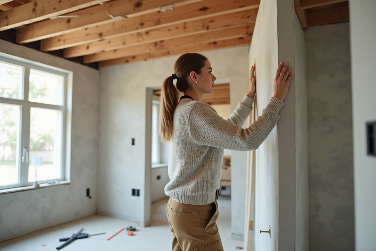Jeune femme installant du placo dans une maison