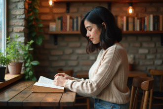Jeune femme lisant dans un café cosy avec murs en briques