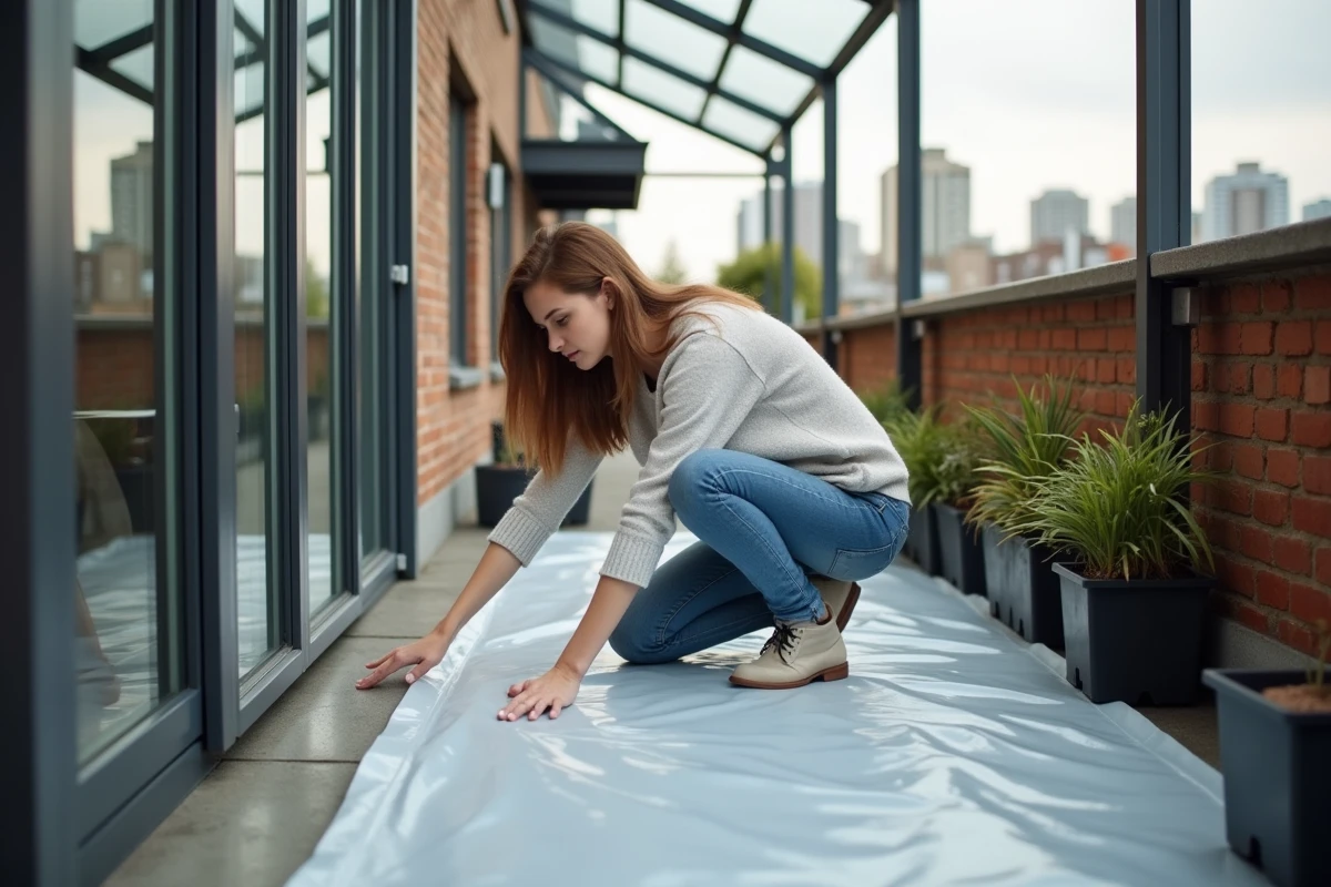 Jeune femme mesurant une bâche plastique sur un balcon urbain