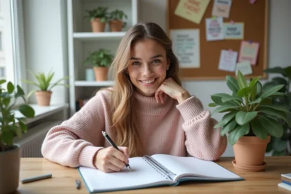 Jeune femme écrivant dans un planner coloré dans un bureau cosy