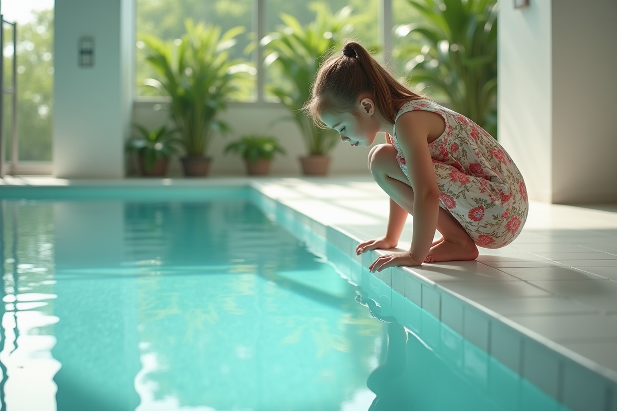 Fille adolescente observant la piscine intérieure turquoise