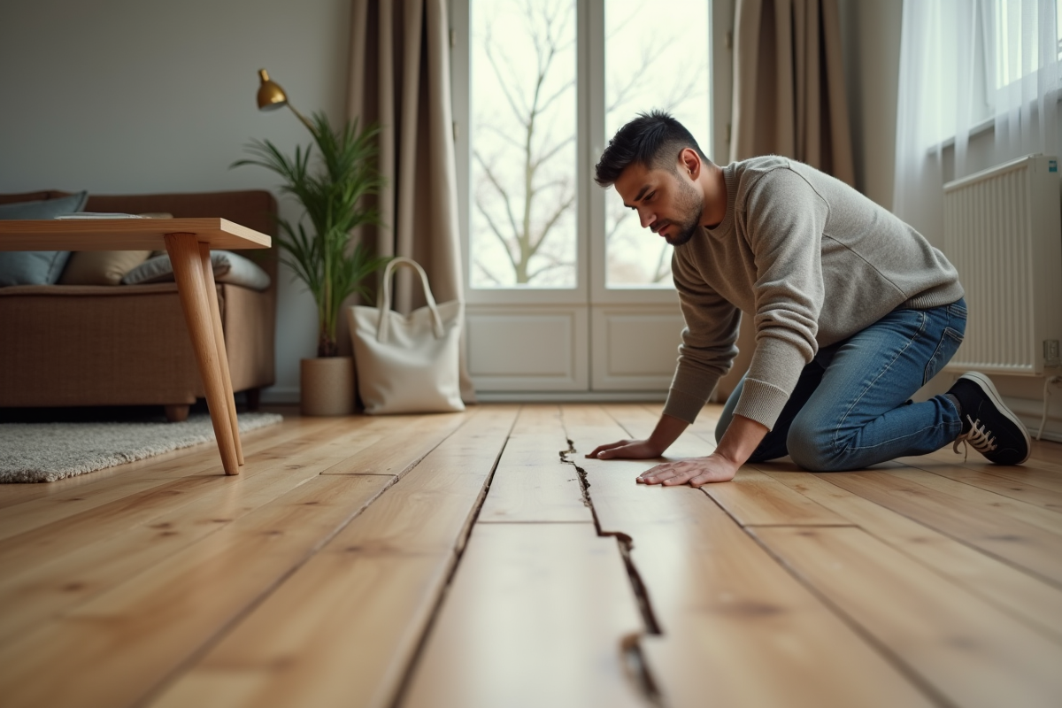 Jeune homme examinant un plancher en bambou déformé