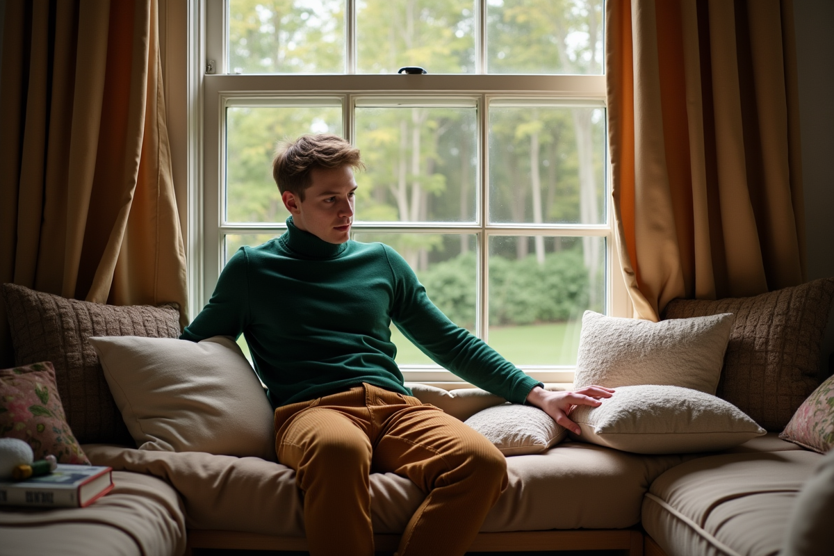 Jeune homme arrangeant des coussins près d une fenêtre