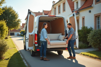 Jeune couple chargeant un canapé dans une camionnette ensoleillée