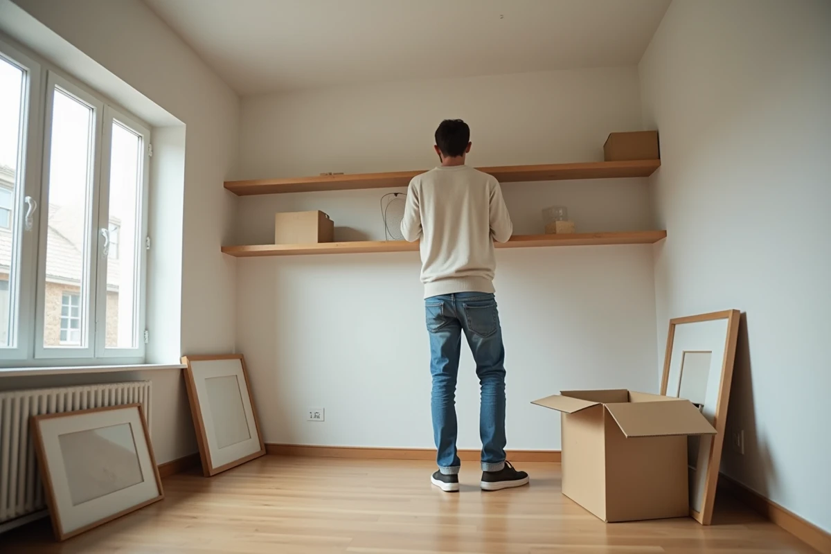 Jeune homme posant des étagères dans un salon