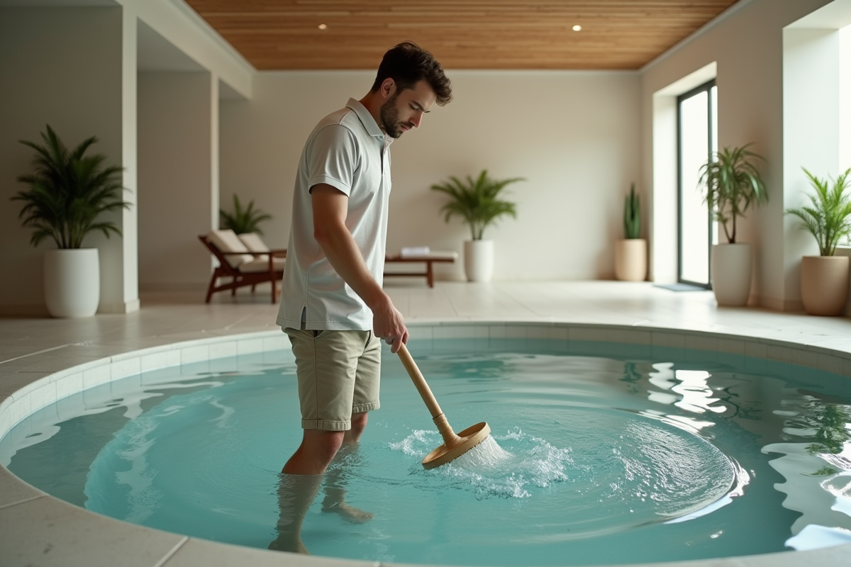 Jeune homme nettoyant un spa intérieur avec un filet