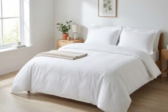 Lit bien fait avec draps en coton percale blanc et couette moelleuse dans une chambre de style scandinave épurée
