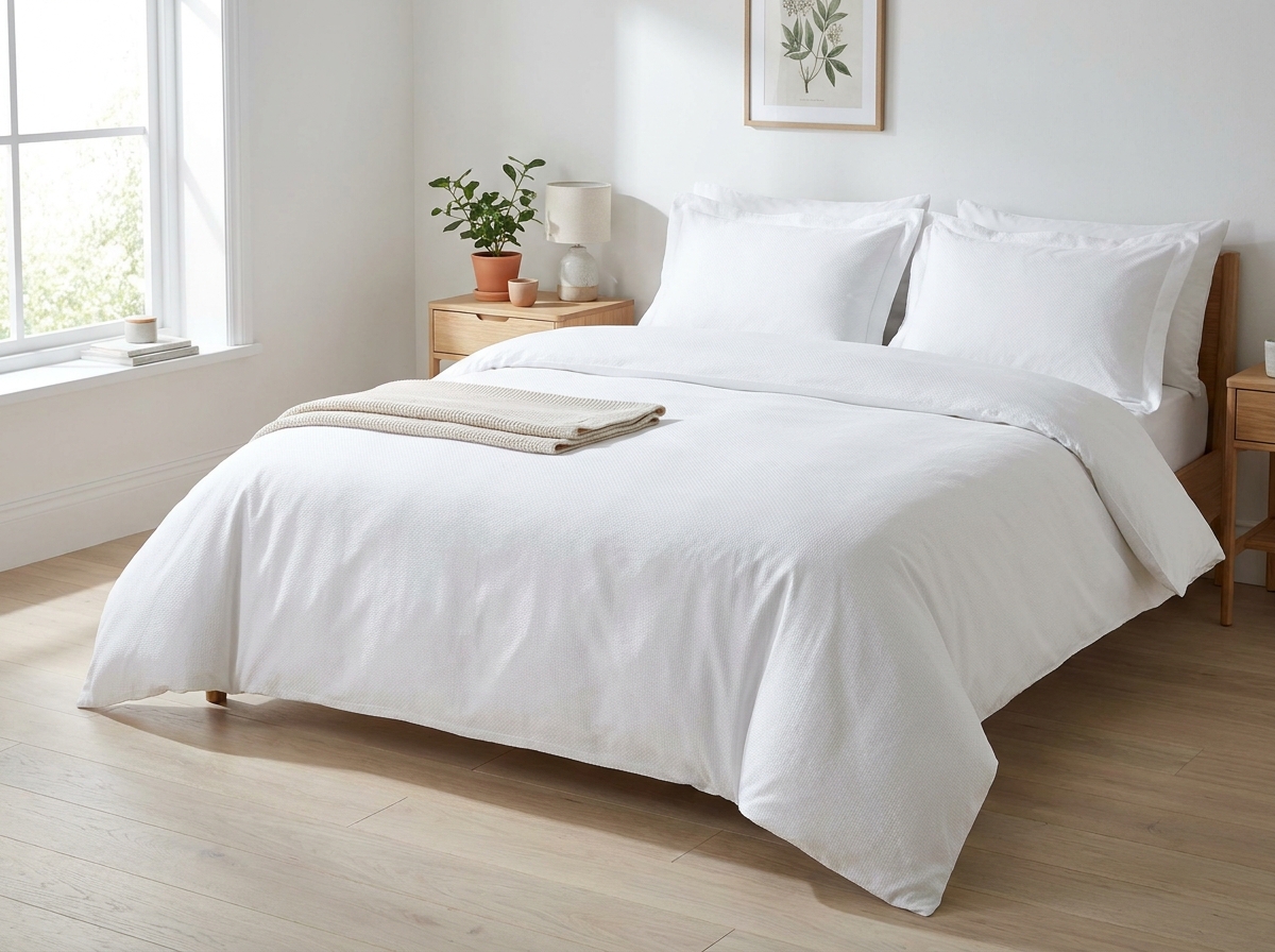 Lit bien fait avec draps en coton percale blanc et couette moelleuse dans une chambre de style scandinave épurée