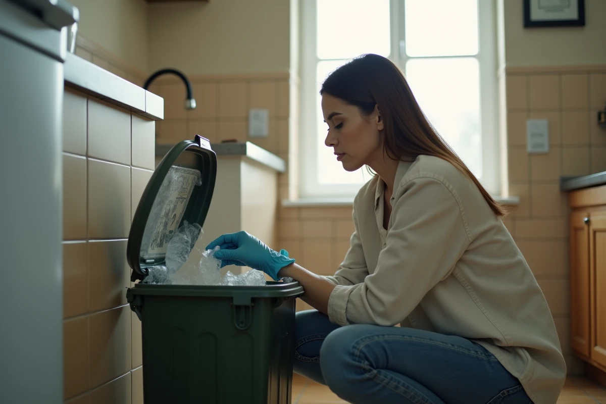 Locataire inspectant une poubelle de cuisine dans un appartement en location pour identifier une infestation d'asticots