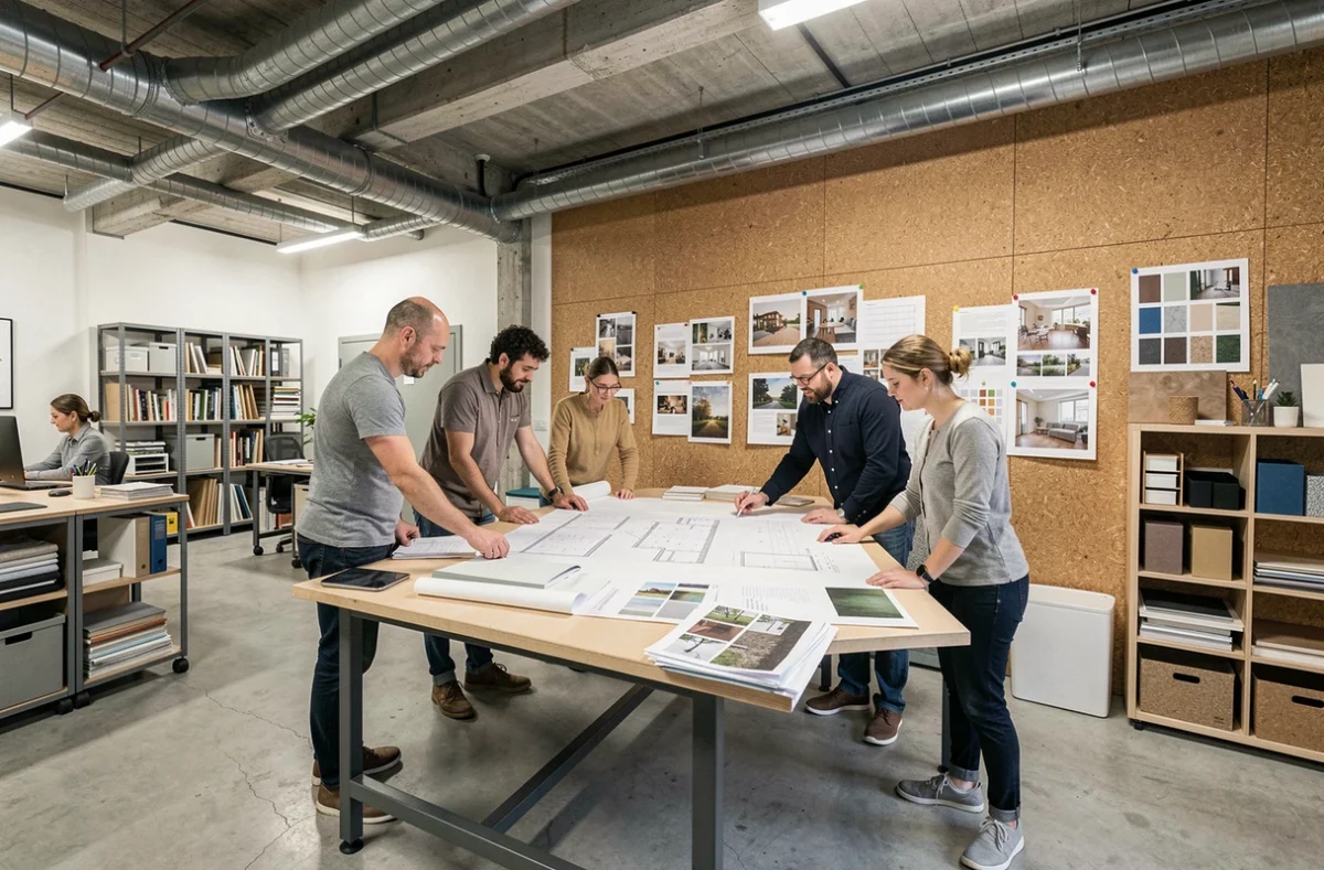 Agence pluridisciplinaire Machurey Groupe A en Bourgogne-Franche-Comté avec équipe réunie autour d'une table lumineuse, plans architecturaux et moodboards épinglés dans un studio industriel