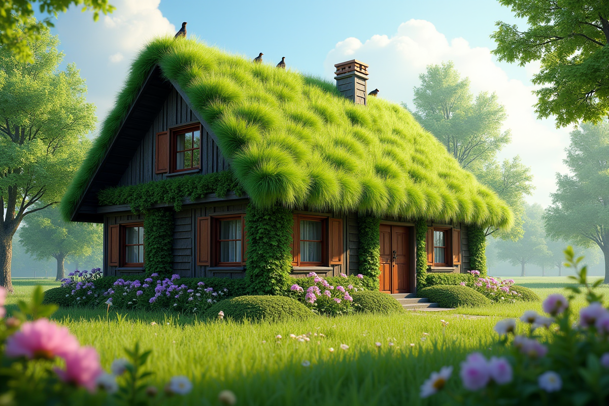 Maison rurale avec toit vert et fleurs sauvages