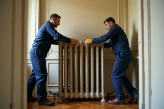 Deux déménageurs professionnels soulevant un lourd radiateur en fonte ancien dans un couloir haussmannien