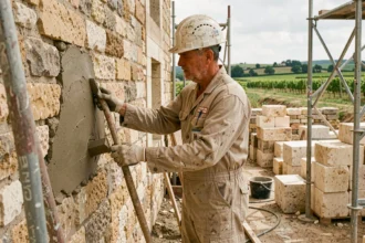 Maçon professionnel travaillant sur un chantier en Gironde avec des pierres calcaires traditionnelles