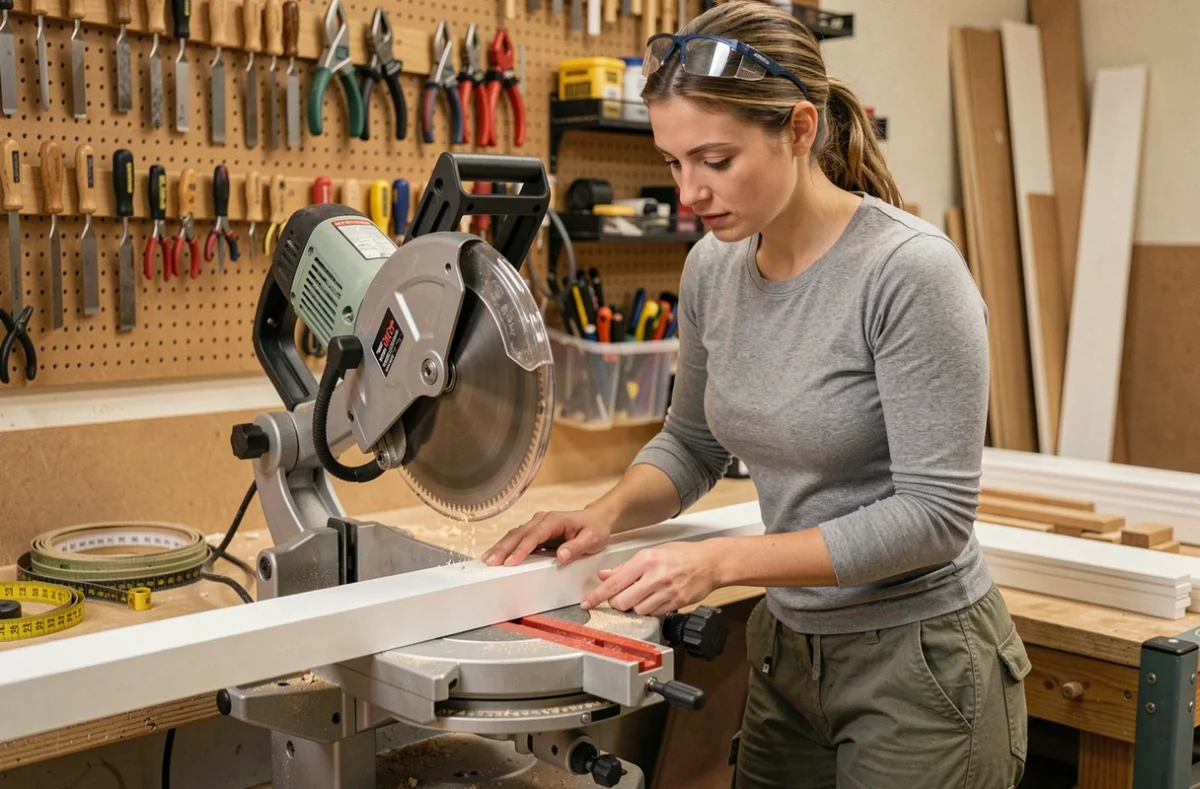Menuisière utilisant une scie à onglet pour couper une plinthe MDF à 45 degrés dans un atelier professionnel organisé