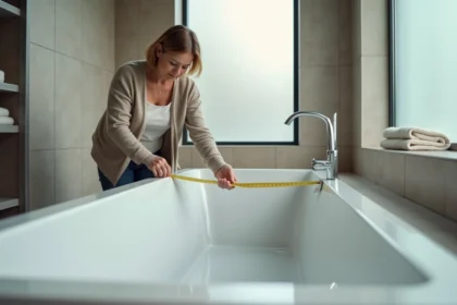 Femme mesurant une baignoire en acrylique blanche dans une salle de bain moderne