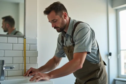 Homme en overalls mesurant un carrelage dans une salle de bain