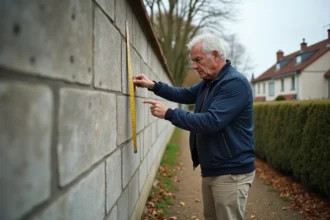 Homme mesurant une clôture trop haute dans un jardin résidentiel pour documenter un non-respect du PLU