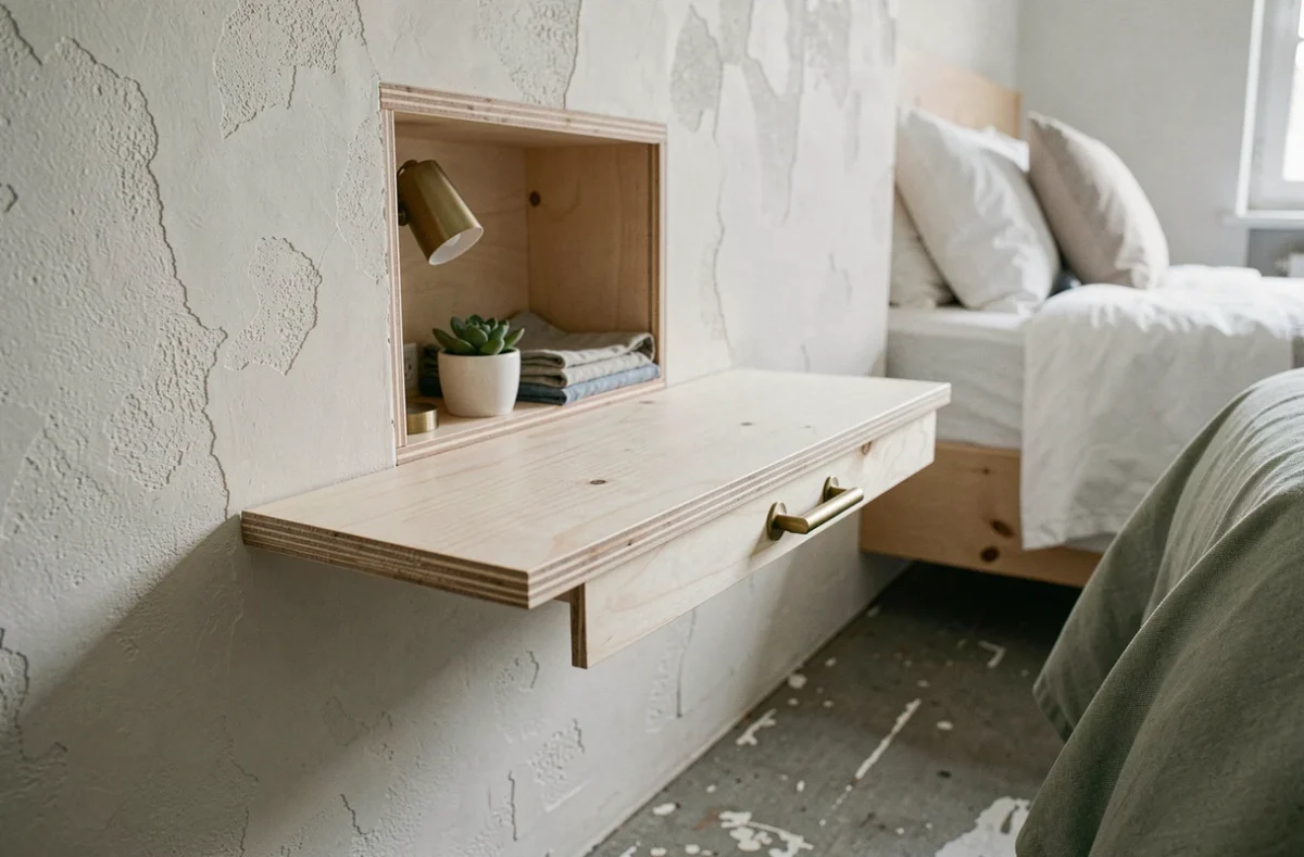Meuble de chevet sur mesure en contreplaqué avec niche de rangement dans une suite parentale compacte