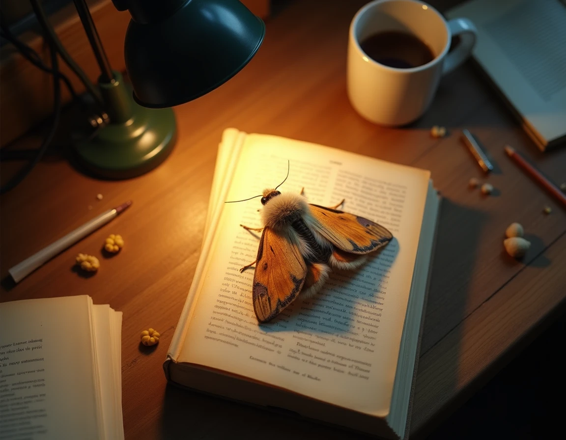 Mite domestique aux ailes déployées posée sur un livre de poche jauni sur un bureau en bois avec lampe de lecture
