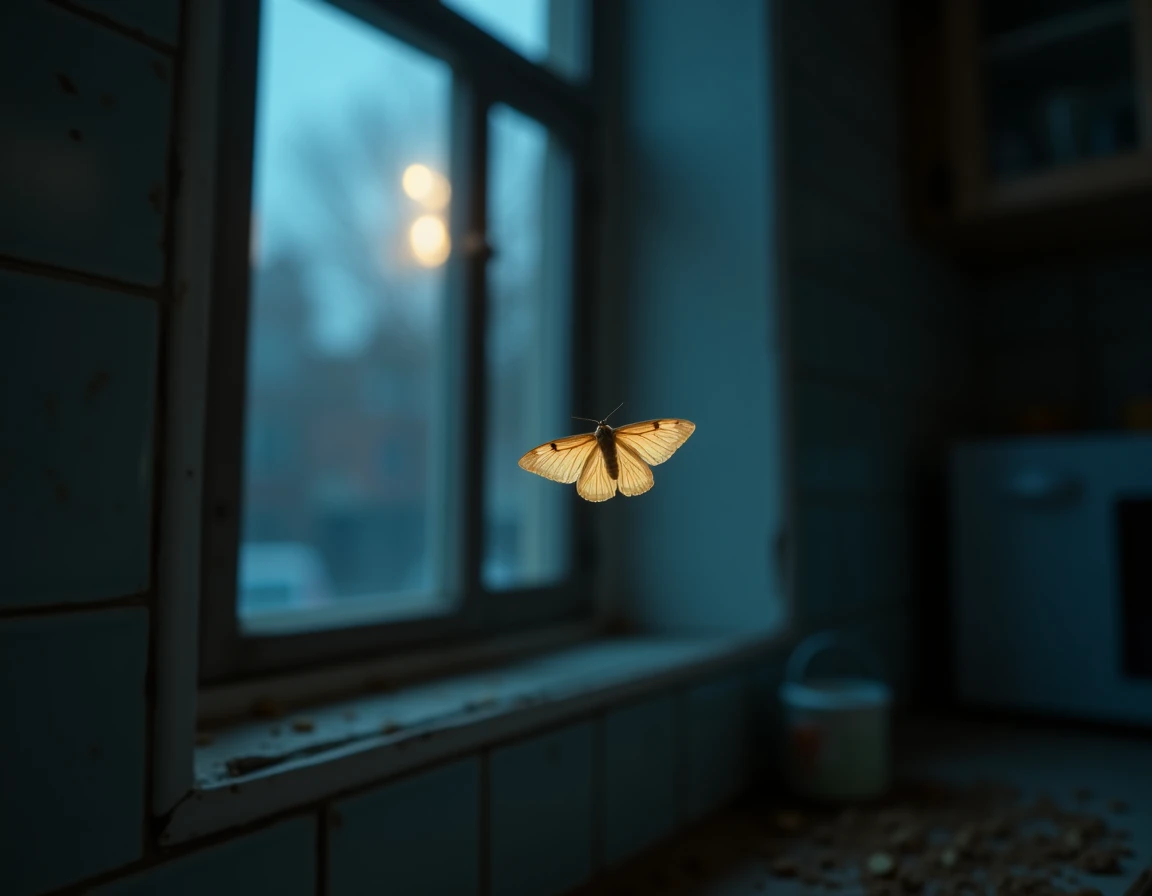 Mite de nuit en vol près d'une fenêtre éclairée dans une cuisine d'appartement, capturée en plein mouvement