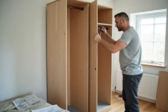 Homme assemblant une penderie Brico Dépôt dans une chambre moderne avec des outils posés au sol