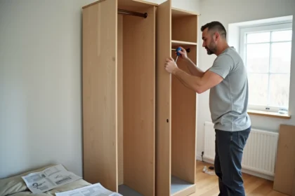 Homme assemblant une penderie Brico Dépôt dans une chambre moderne avec des outils posés au sol