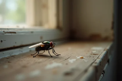Mouche domestique posée sur le rebord d'une fenêtre en bois dans une cuisine rustique, vue macro ultra-détaillée