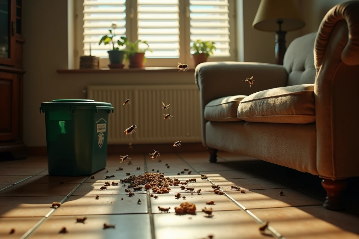 Salon envahi par des mouches autour d'un bac à compost intérieur, illustration d'une invasion domestique pièce par pièce