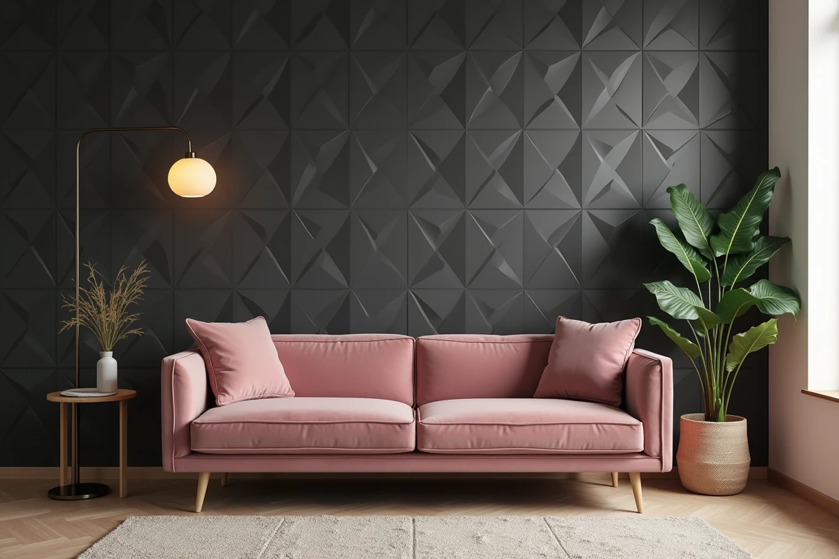 Mur décoratif en salon recouvert de dalles PVC adhésives géométriques anthracite avec canapé et plante verte