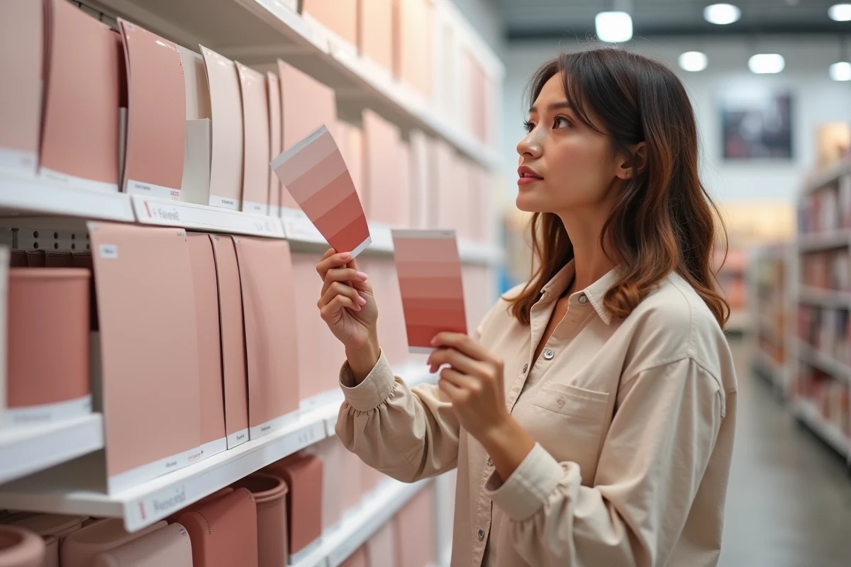 Femme comparant des nuanciers de peinture rose dans une quincaillerie, tendances couleurs 2026