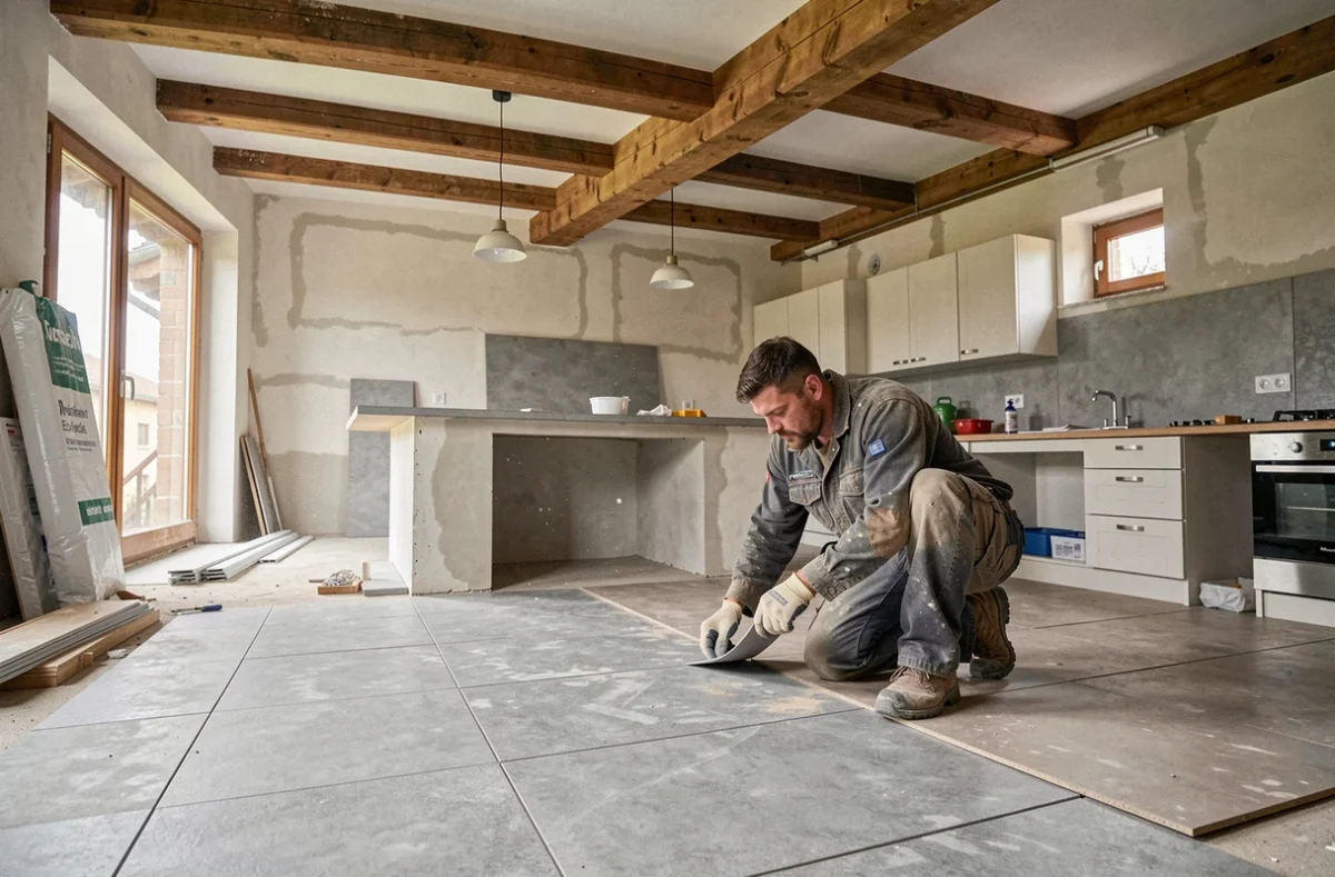 Chantier de rénovation tous corps d'état dans le Doubs avec pose de carrelage grand format, poutres apparentes et murs fraîchement enduits, projet Origami Rénovation