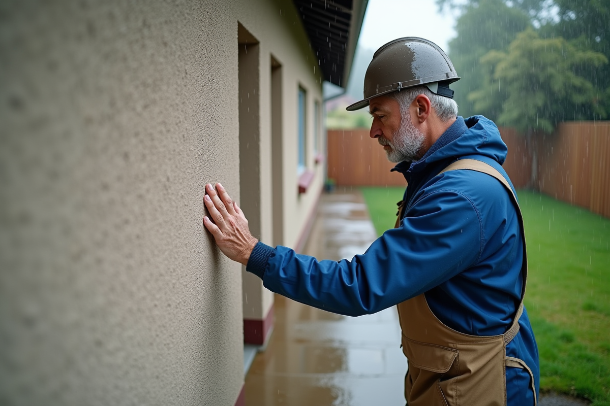 Ouvrier construction examine mur humide de maison