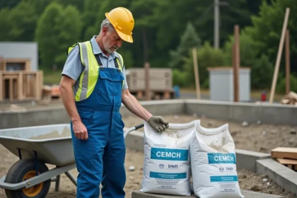 Ouvrier en tenue de chantier examine deux sacs de ciment