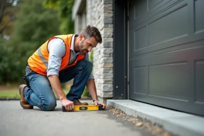 Ouvrier vérifiant un niveau sur un seuil en béton neuf