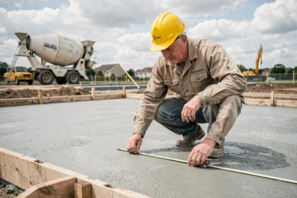 Ouvrier mesurant une dalle béton fraîchement coulée sur un chantier résidentiel pour estimer le prix au m2